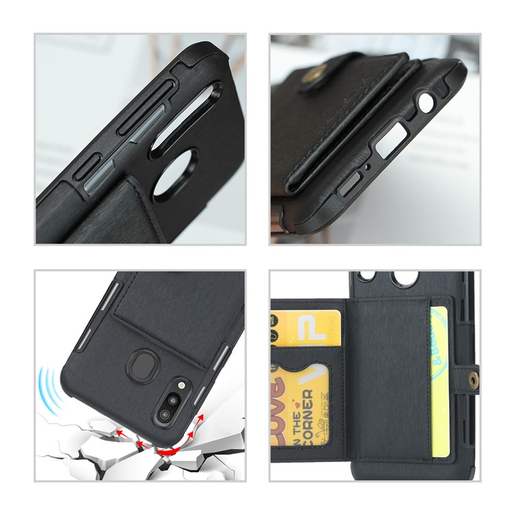 SHOUHUSHEN Brushed Card Slots PU Leather Coated Hard PC Shell for Samsung Galaxy M20 - Black-9