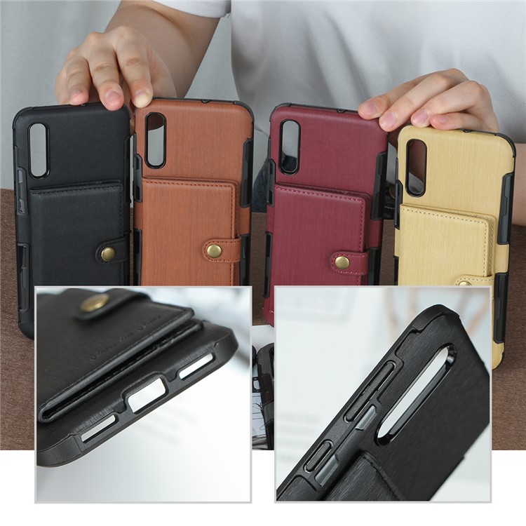 Brushed Card Slots PU Leather Coated Hard PC Casing for Samsung Galaxy A50 - Black-11