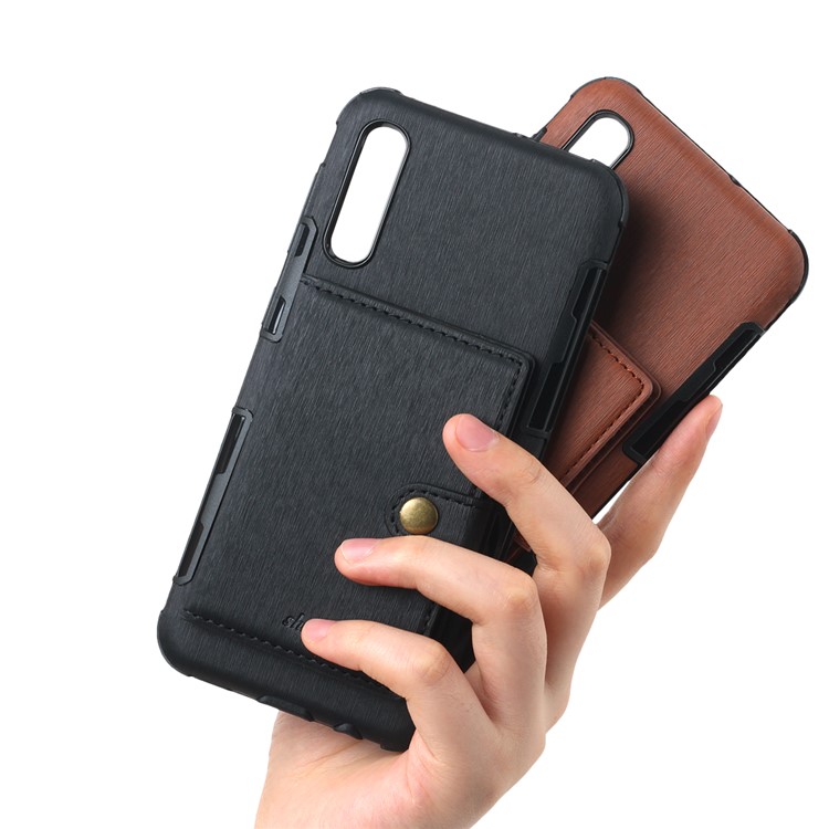 Brushed Card Slots PU Leather Coated Hard PC Casing for Samsung Galaxy A50 - Black-12