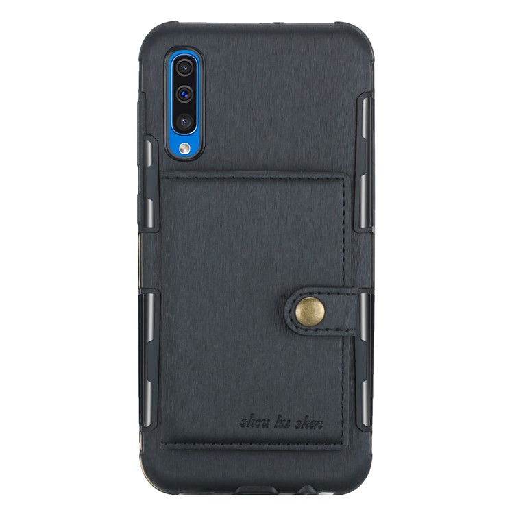 Brushed Card Slots PU Leather Coated Hard PC Casing for Samsung Galaxy A50 - Black-3