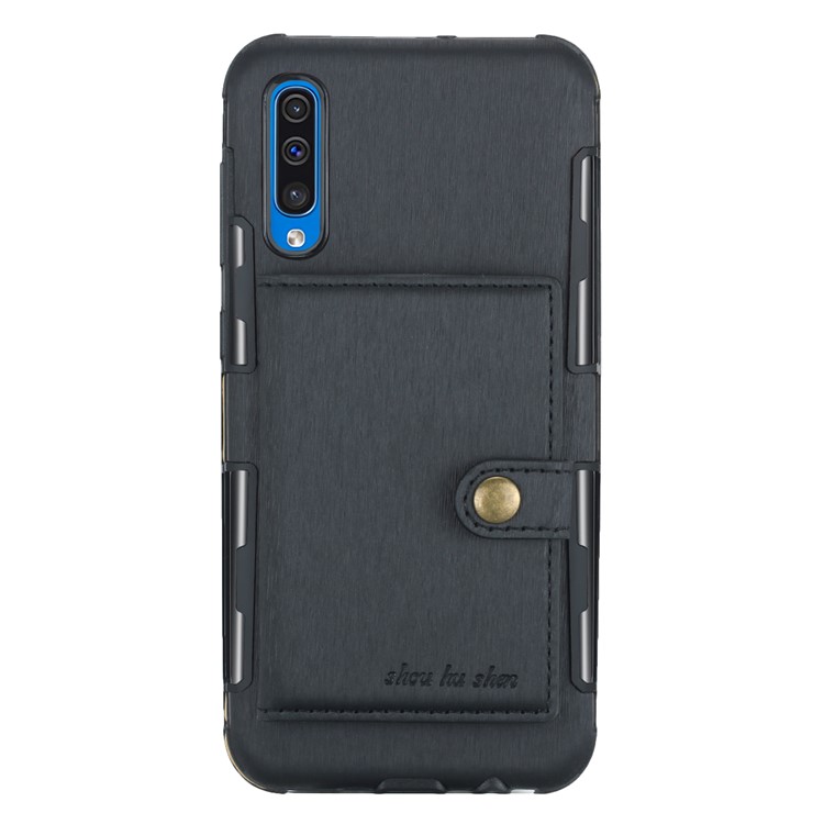 Brushed Card Slots PU Leather Coated Hard PC Casing for Samsung Galaxy A50 - Black-3