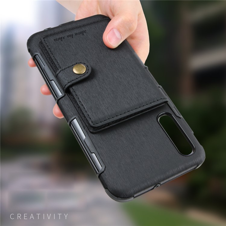 Brushed Card Slots PU Leather Coated Hard PC Casing for Samsung Galaxy A50 - Black-6