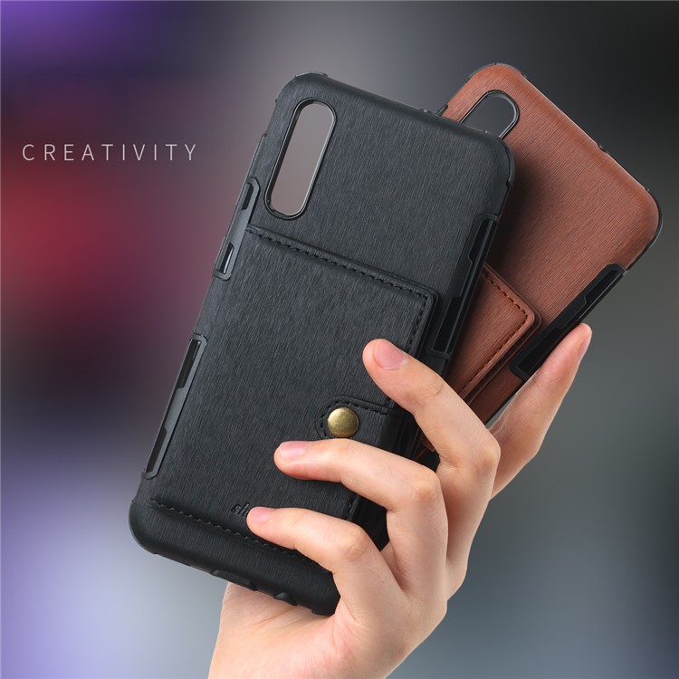 Brushed Card Slots PU Leather Coated Hard PC Casing for Samsung Galaxy A50 - Black-8