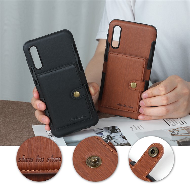 Brushed Card Slots PU Leather Coated Hard PC Casing for Samsung Galaxy A50 - Black-9