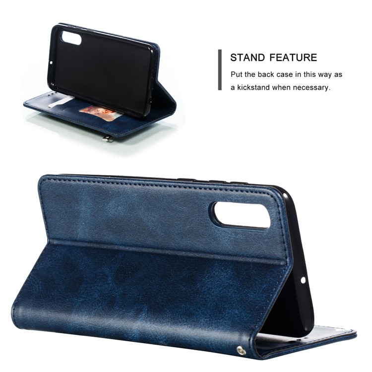 Zipper Pocket Wallet Stand Flip Leather Phone Cover for Samsung Galaxy A50 - Dark Blue-3