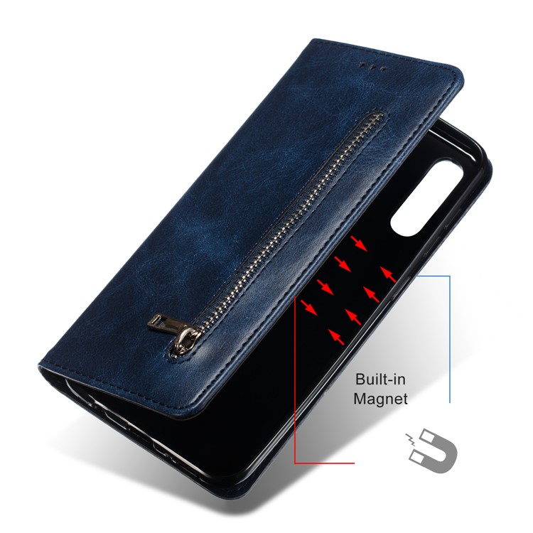 Zipper Pocket Wallet Stand Flip Leather Phone Cover for Samsung Galaxy A50 - Dark Blue-7