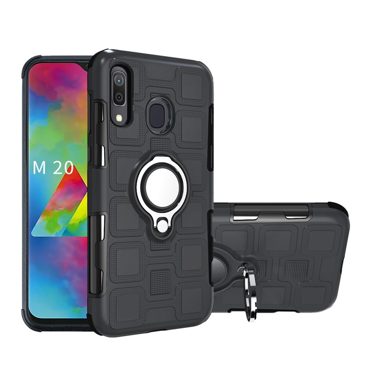 Geometric Pattern TPU PC Hybrid Case with Magnetic Car Mount Ring Holder for Samsung Galaxy M20 - Black-1