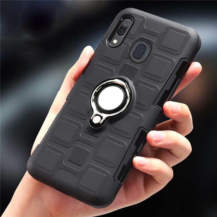 Geometric Pattern TPU PC Hybrid Case with Magnetic Car Mount Ring Holder for Samsung Galaxy M20 - Black-12