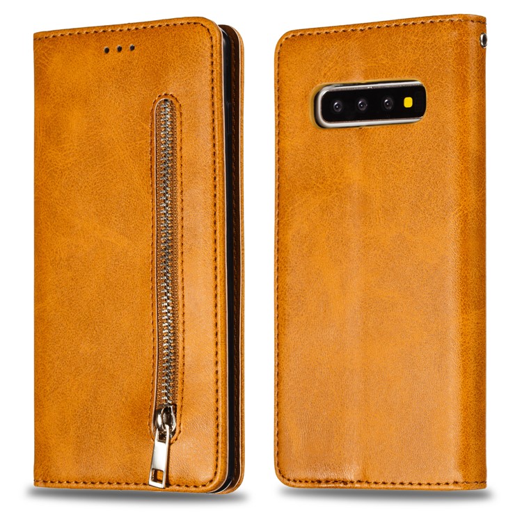 Zipper Pocket Wallet Stand Flip Leather Case for Samsung Galaxy S10 Plus - Yellow-2