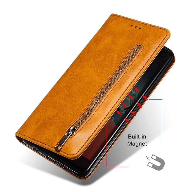 Zipper Pocket Wallet Stand Flip Leather Case for Samsung Galaxy S10 Plus - Yellow-7