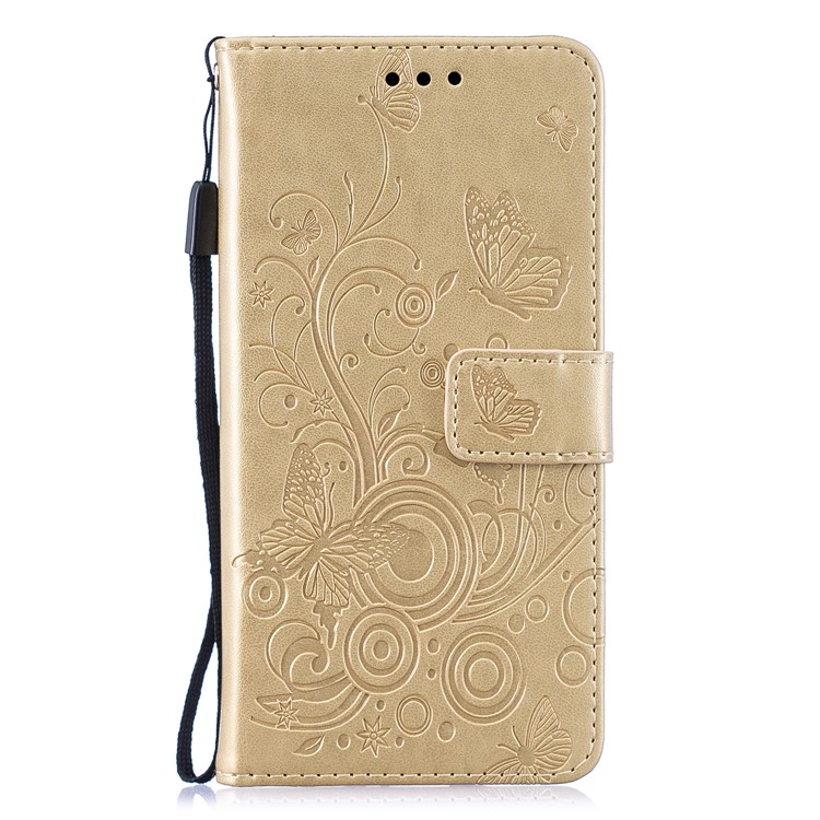 Imprinted Butterfly Flower PU Leather Mobile Case for Samsung Galaxy M30 - Gold-1