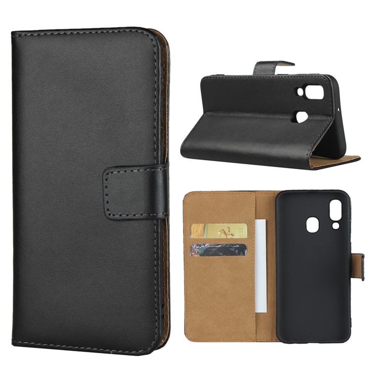 Genuine Leather Wallet Phone Cover wth Stand for Samsung Galaxy A40 - Black-1