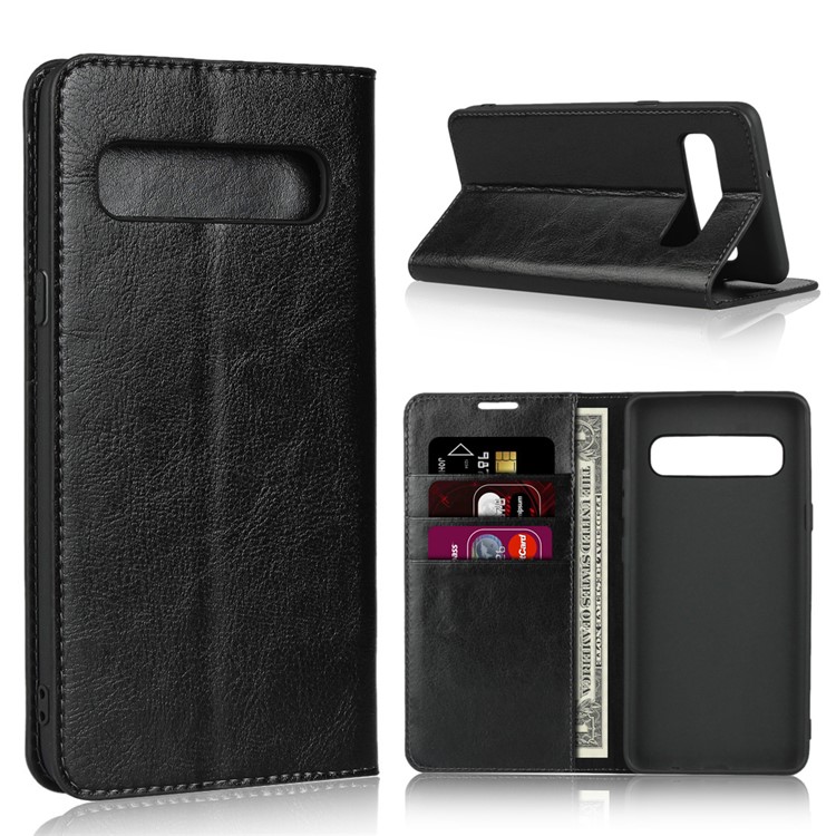 Crazy Horse Wallet Stand Genuine Leather Case for Samsung Galaxy S10 5G - Black-1