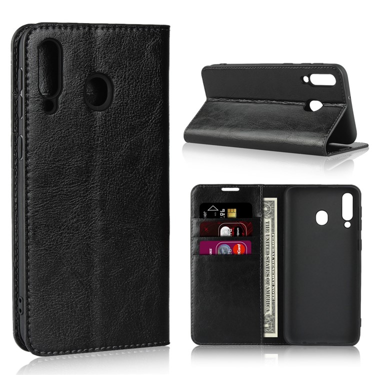 Crazy Horse Wallet Stand Genuine Leather Case for Samsung Galaxy M30 - Black-1