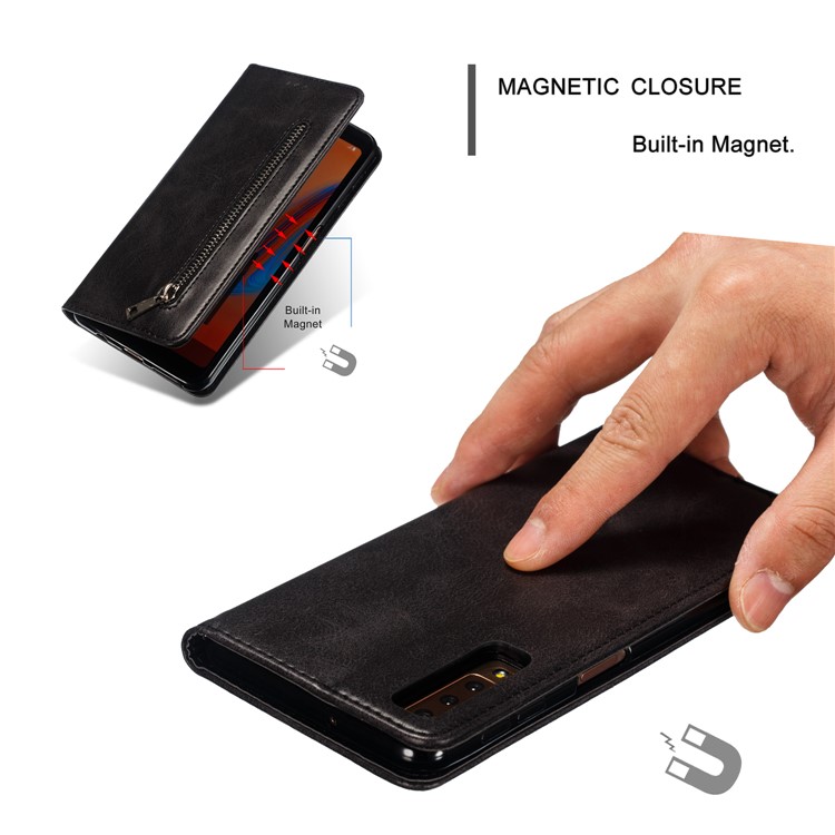 Auto-absorbed Zipper Wallet Leather Cell Phone Casing for Samsung Galaxy A7 (2018) - Black-4