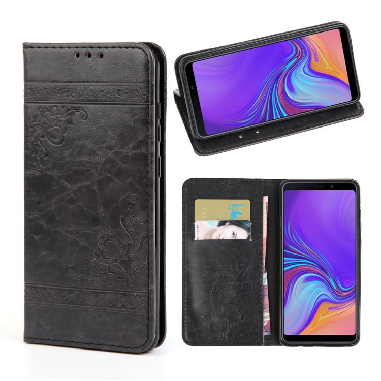 Imprint Hearts Leather Wallet Case for Samsung Galaxy A9 (2018) / A9 Star Pro / A9s - Dark Grey-2