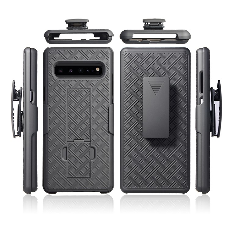 Woven Texture Swivel Belt Clip Kickstand PC Hard Case for Samsung Galaxy S10 5G - Black-1