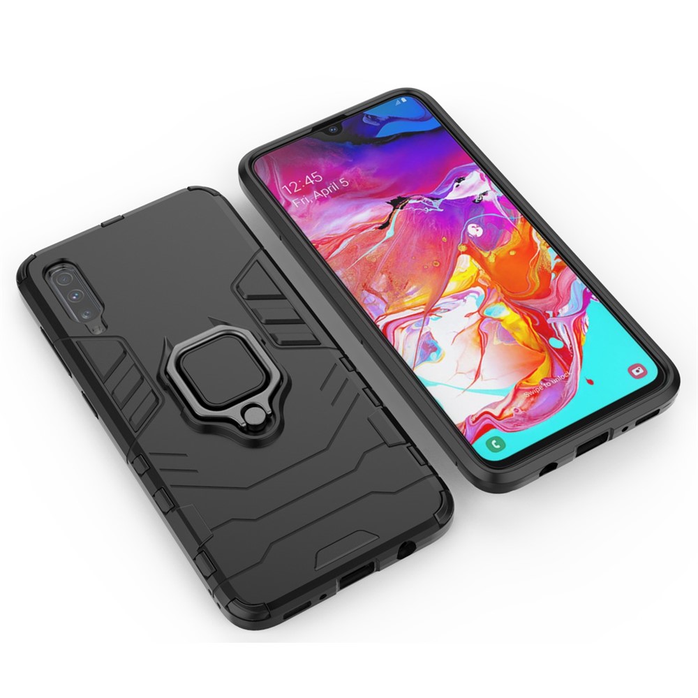 Cool Guard Ring Holder Kickstand PC TPU Hybrid Case Para Samsung Galaxy A70 - Negro