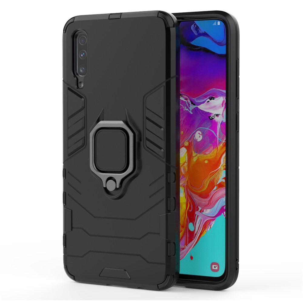 Cool Guard Ring Holder Kickstand PC TPU Hybrid Case Para Samsung Galaxy A70 - Negro