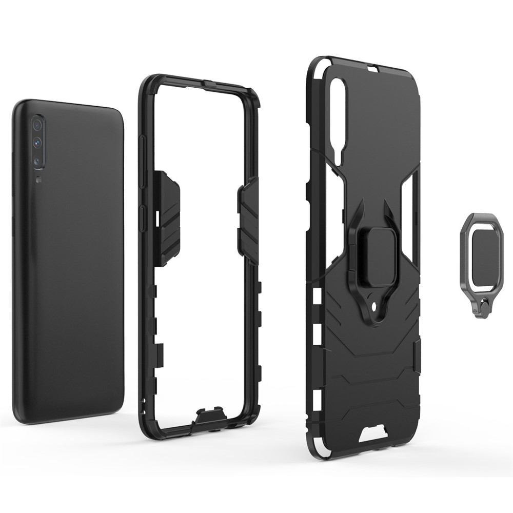 Cool Guard Ring Holder Kickstand PC TPU Hybrid Case Per Samsung Galaxy A70 - Nero