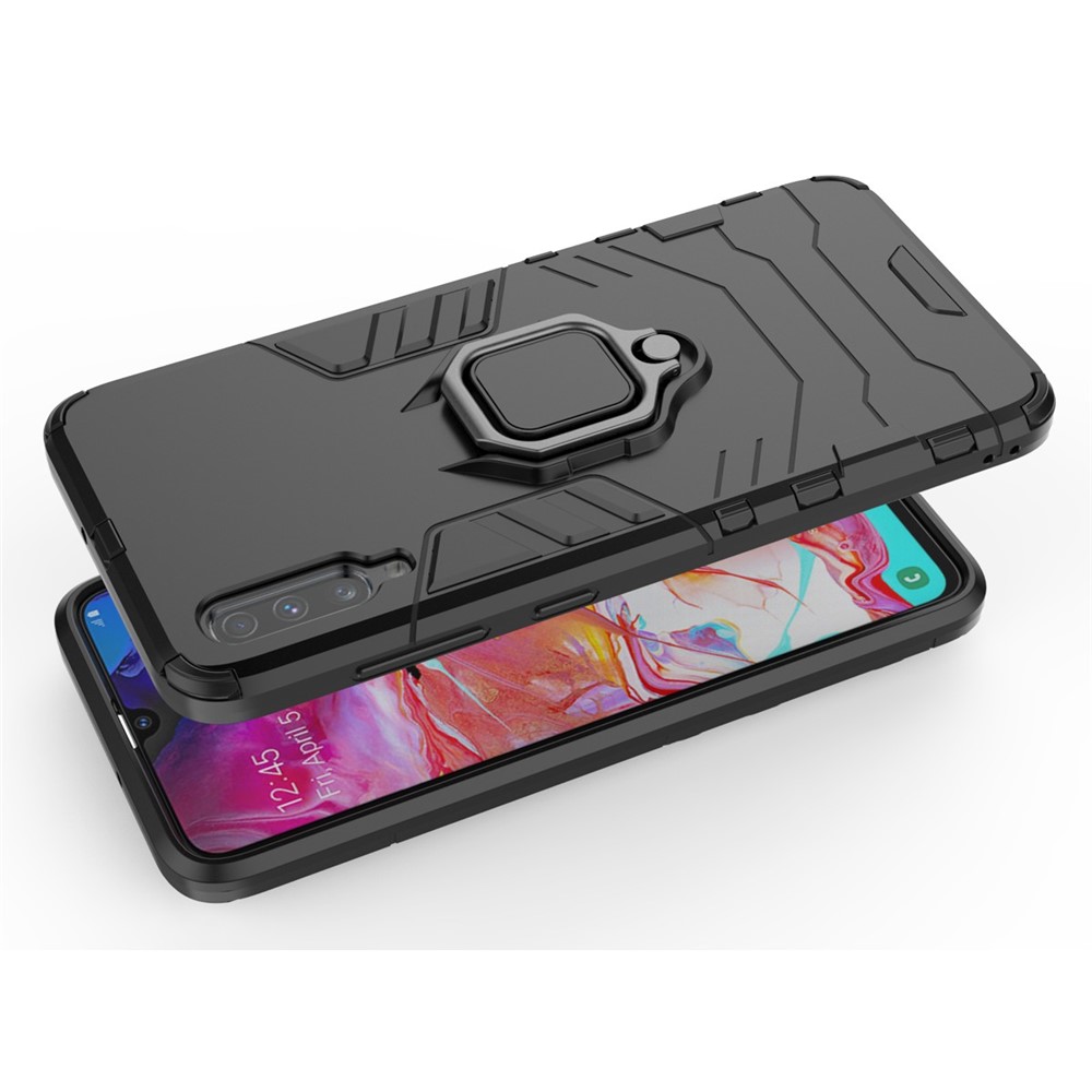 Cool Guard Ring Holder Kickstand PC TPU Hybrid Case Per Samsung Galaxy A70 - Nero