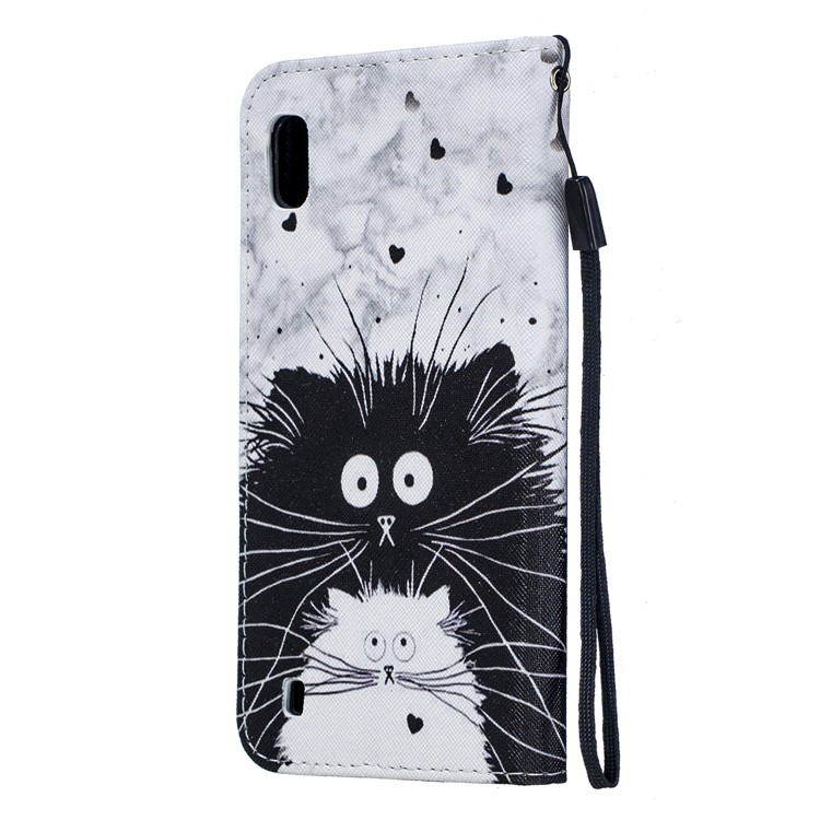 Pattern Printing Leather Wallet Case for Samsung Galaxy A10 - Black and White Cat-3