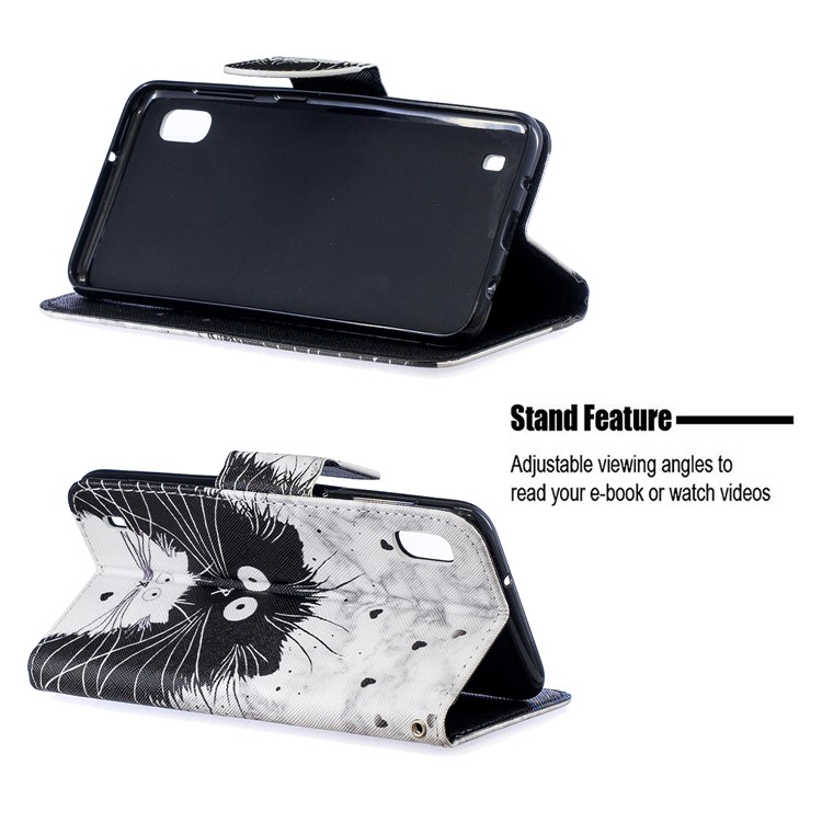 Pattern Printing Leather Wallet Case for Samsung Galaxy A10 - Black and White Cat-5