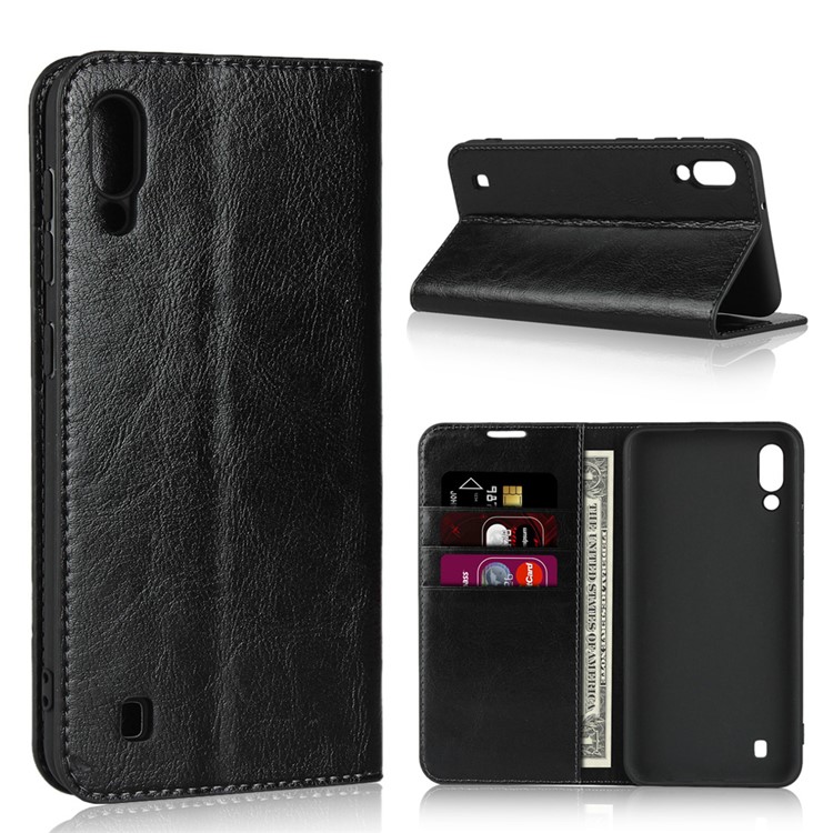 Crazy Horse Wallet Stand Genuine Leather Case for Samsung Galaxy M10 / A10 - Black-1