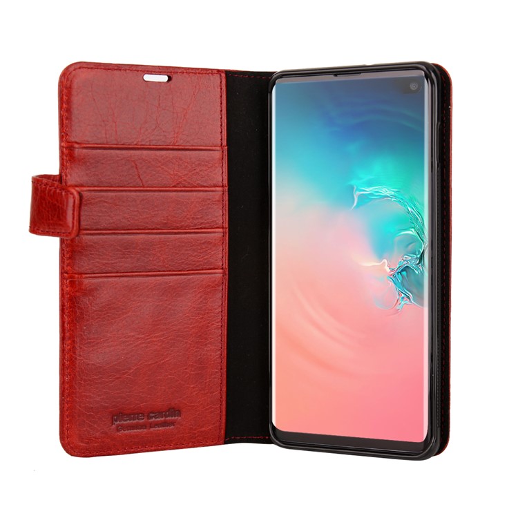 PIERRE CARDIN Litchi Skin Genuine Leather Phone Shell with Card Slots for Samsung Galaxy S10 - Red-2