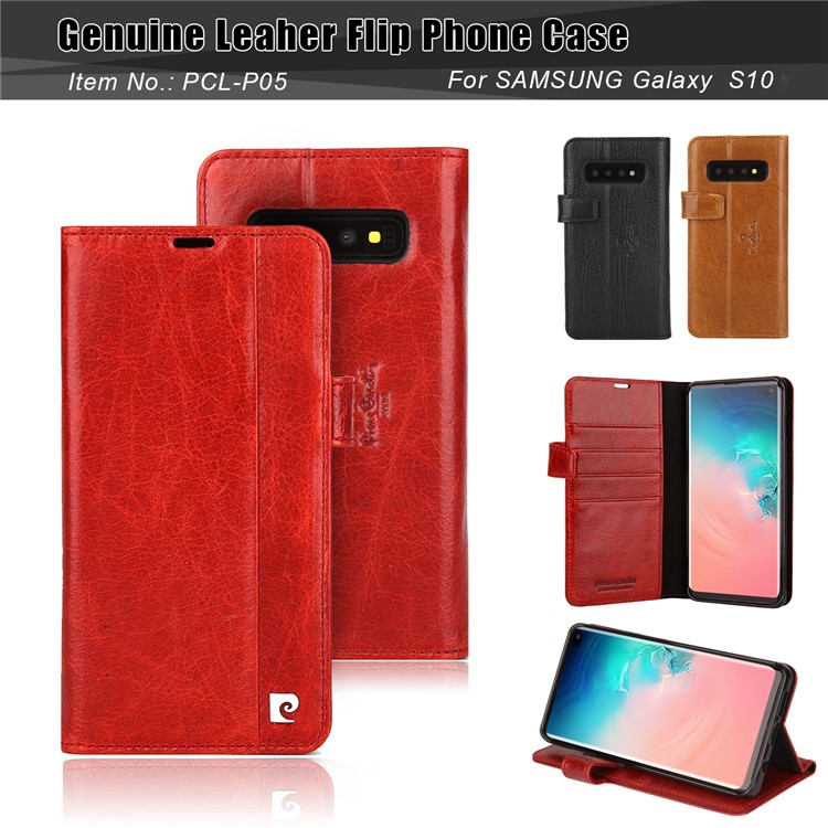 PIERRE CARDIN Litchi Skin Genuine Leather Phone Shell with Card Slots for Samsung Galaxy S10 - Red-5