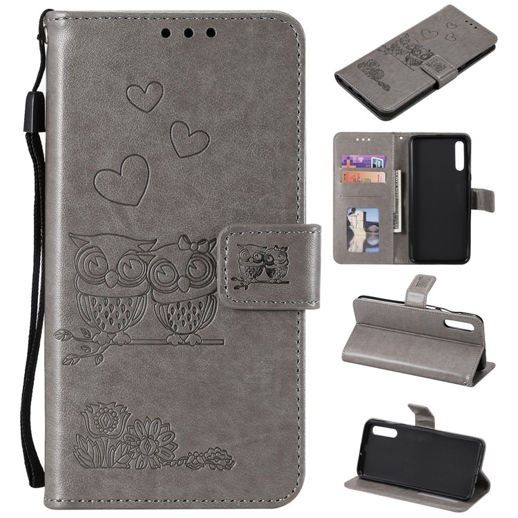 Imprinted Flower Owl Leather Wallet Case for Samsung Galaxy A50 - Grey-1