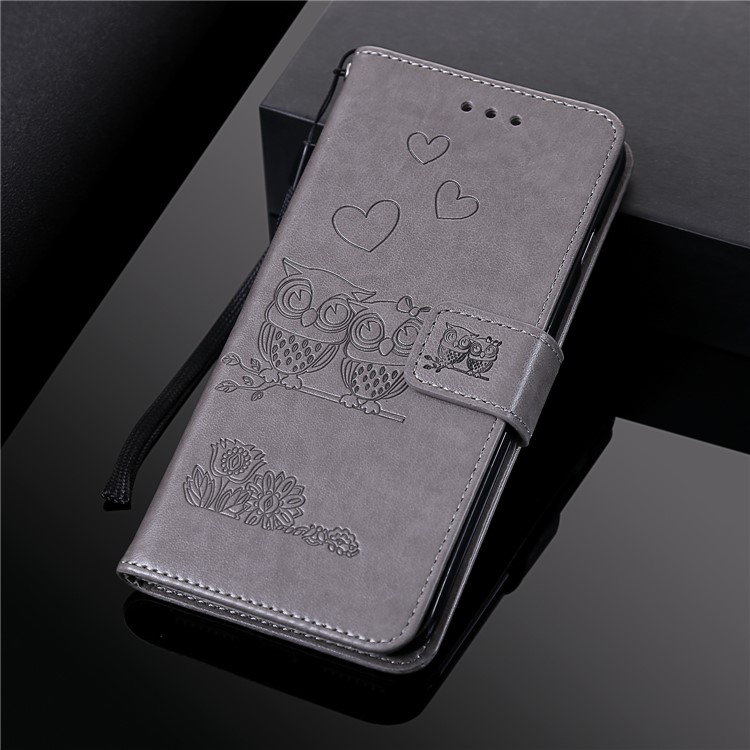 Imprinted Flower Owl Leather Wallet Case for Samsung Galaxy A50 - Grey-9