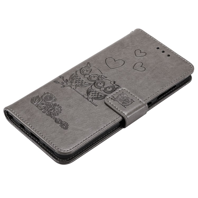 Imprinted Flower Owl Leather Wallet Case for Samsung Galaxy A70 - Grey-3