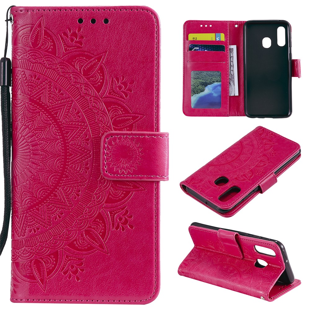 Imprint Mandala Flower Stand Wallet Leather Case for Samsung Galaxy A40 - Rose-1