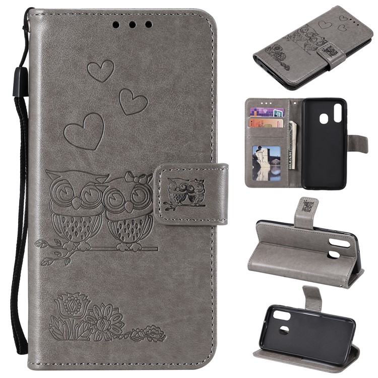 Imprinted Flower Owl Leather Wallet Case for Samsung Galaxy A40 - Grey-1