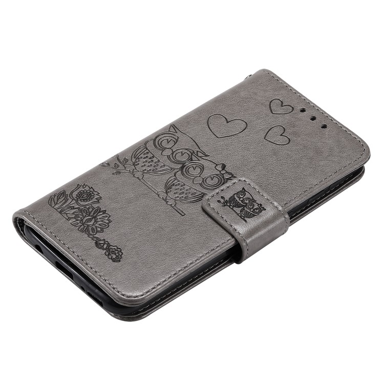 Imprinted Flower Owl Leather Wallet Case for Samsung Galaxy A40 - Grey-7