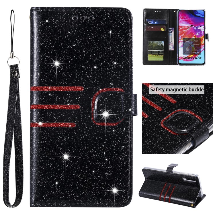 Glitter Powder Coated Wallet Leather Phone Case for Samsung Galaxy A70 - Black-1