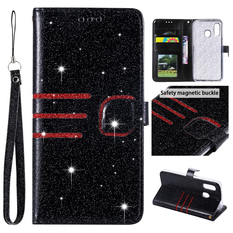 Glitter Powder Coated Wallet Leather Phone Case for Samsung Galaxy A40 - Black-1