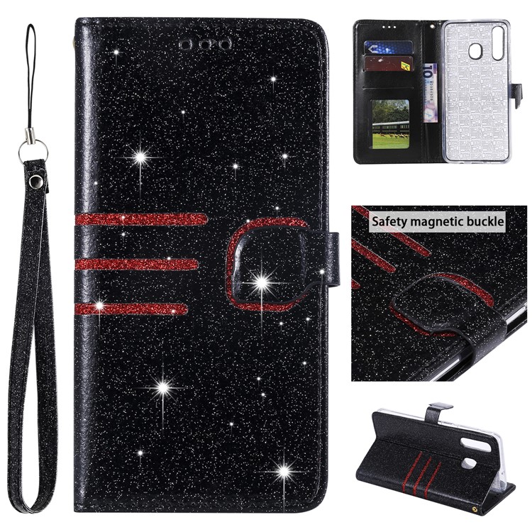 Glitter Powder Coated Wallet Leather Phone Case for Samsung Galaxy A50 /A30 / A20 - Black-1