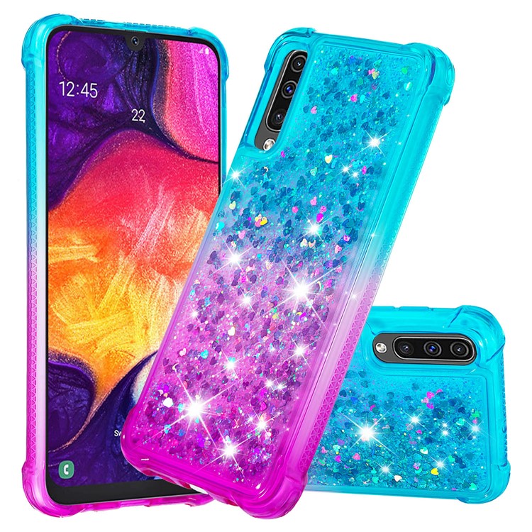 

For Samsung Galaxy A50/A50s/A30s Dynamic Glitter Powder Sequins Quicksand TPU Acrylic Hybrid Shell - Sky Blue/Purple, Galaxy A50