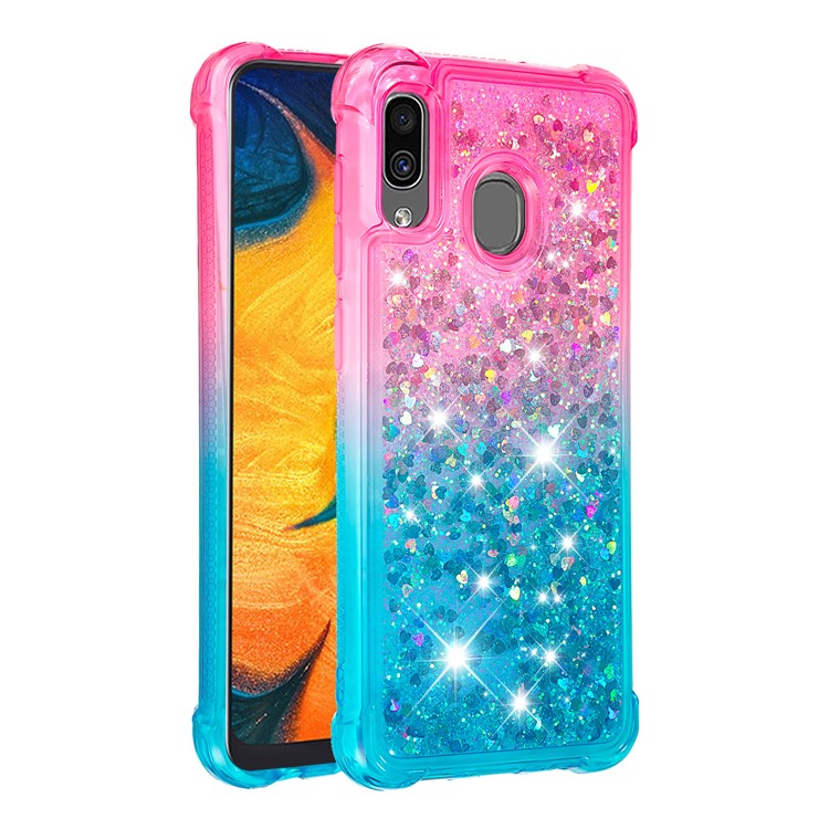 For Samsung Galaxy A30/A20 Dynamic Glitter Powder Sequins Quicksand TPU Acrylic Hybrid Case - Pink/Sky Blue-3