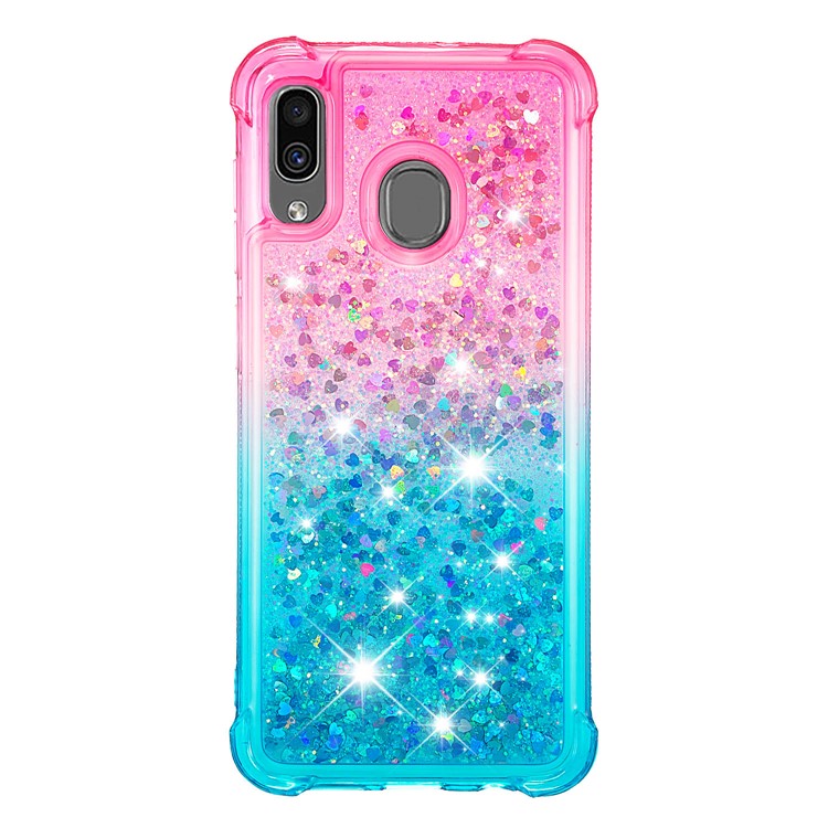 For Samsung Galaxy A30/A20 Dynamic Glitter Powder Sequins Quicksand TPU Acrylic Hybrid Case - Pink/Sky Blue-4