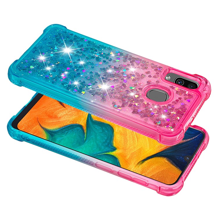 For Samsung Galaxy A30/A20 Dynamic Glitter Powder Sequins Quicksand TPU Acrylic Hybrid Case - Pink/Sky Blue-5