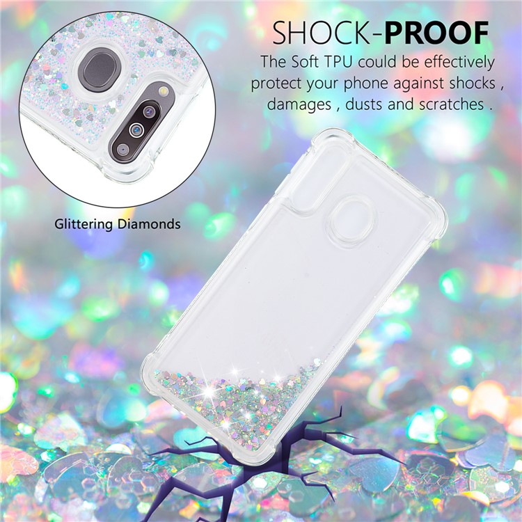 Liquid Glitter Powder Patterned Quicksand Shockproof TPU Phone Shell for Samsung Galaxy M30/A40s - Silver Love Hearts-4