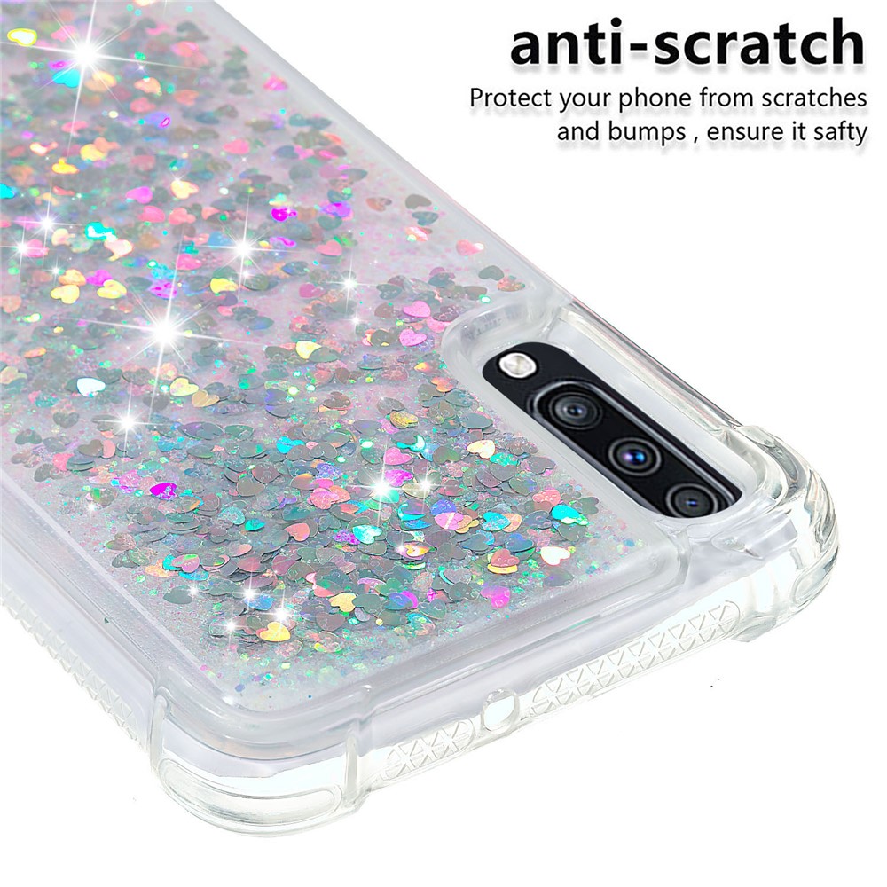 Liquid Glitter Powder Patterned Quicksand Shockproof TPU Back Casing for Samsung Galaxy A70 - Silver Love Hearts-3