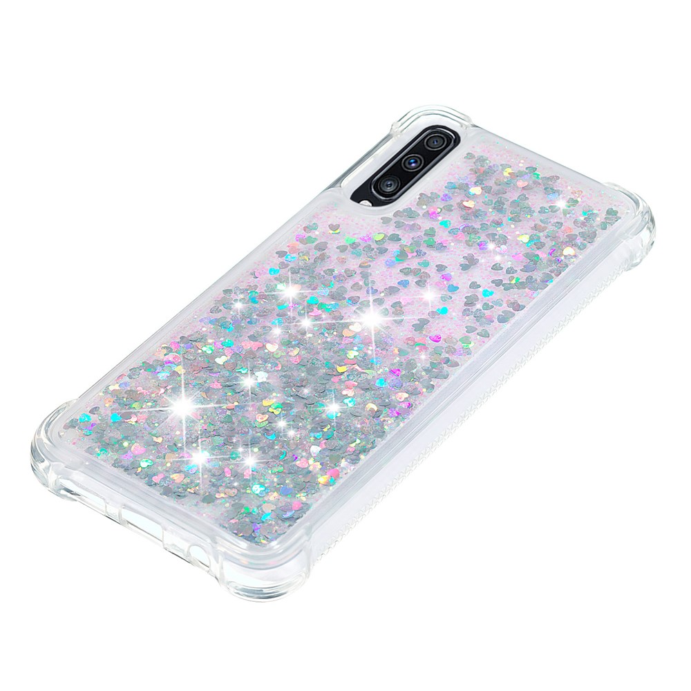 Liquid Glitter Powder Patterned Quicksand Shockproof TPU Back Casing for Samsung Galaxy A70 - Silver Love Hearts-4