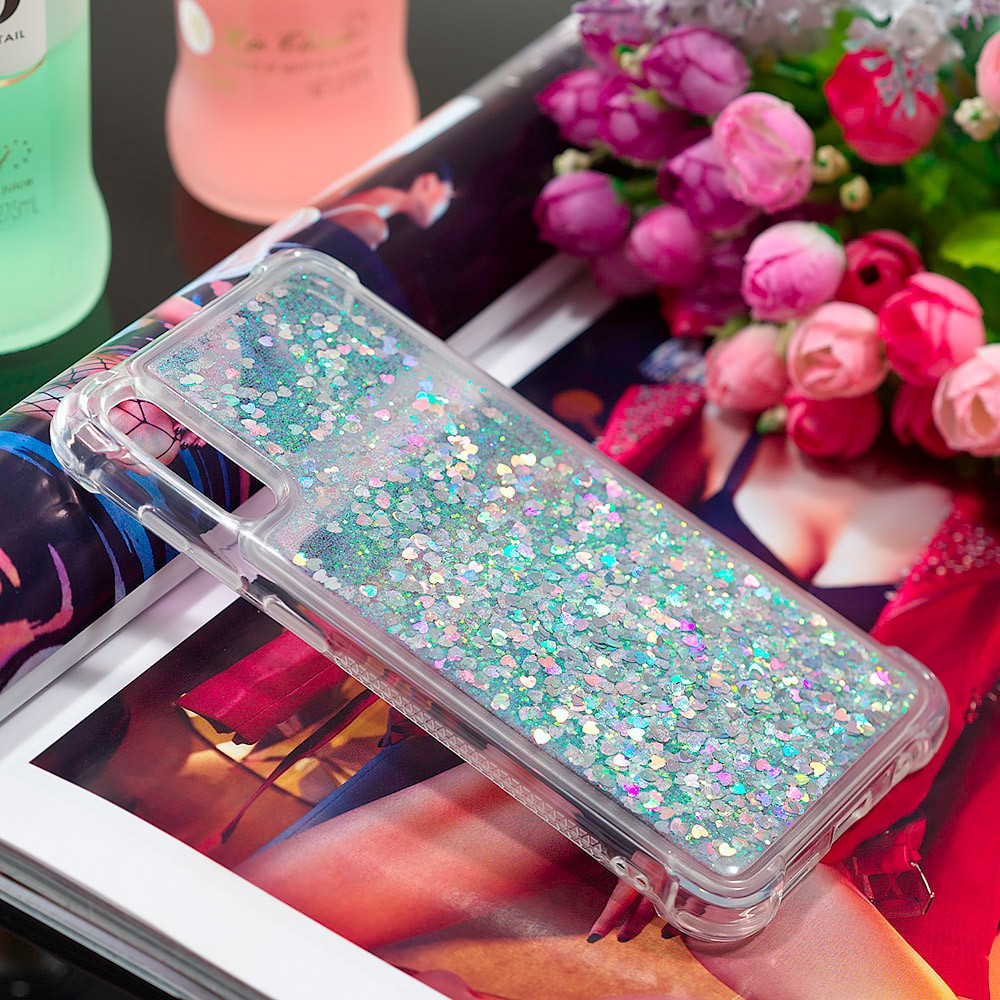 Liquid Glitter Powder Patterned Quicksand Shockproof TPU Back Casing for Samsung Galaxy A70 - Silver Love Hearts-5