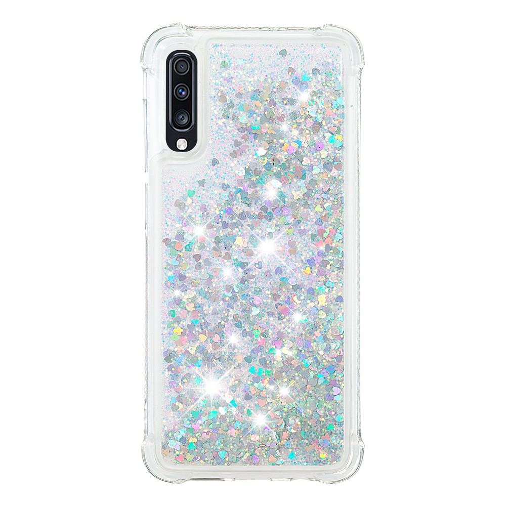 Liquid Glitter Powder Patterned Quicksand Shockproof TPU Back Casing for Samsung Galaxy A70 - Silver Love Hearts-6