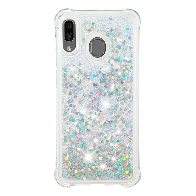 Liquid Glitter Powder Patterned Quicksand Shockproof TPU Phone Shell for Samsung Galaxy A30/A20 - Silver Love Hearts-2