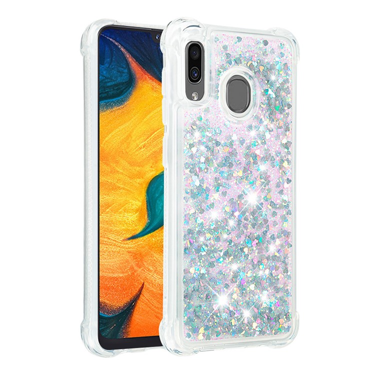 Liquid Glitter Powder Patterned Quicksand Shockproof TPU Phone Shell for Samsung Galaxy A30/A20 - Silver Love Hearts-3